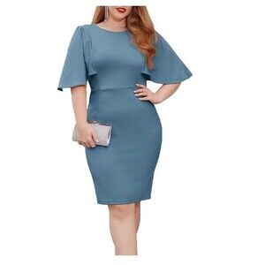 GRACE KARIN 3/4 Ruffle Sleeve Work Party Pencil Dress Blue Gray Plus Size 2XL